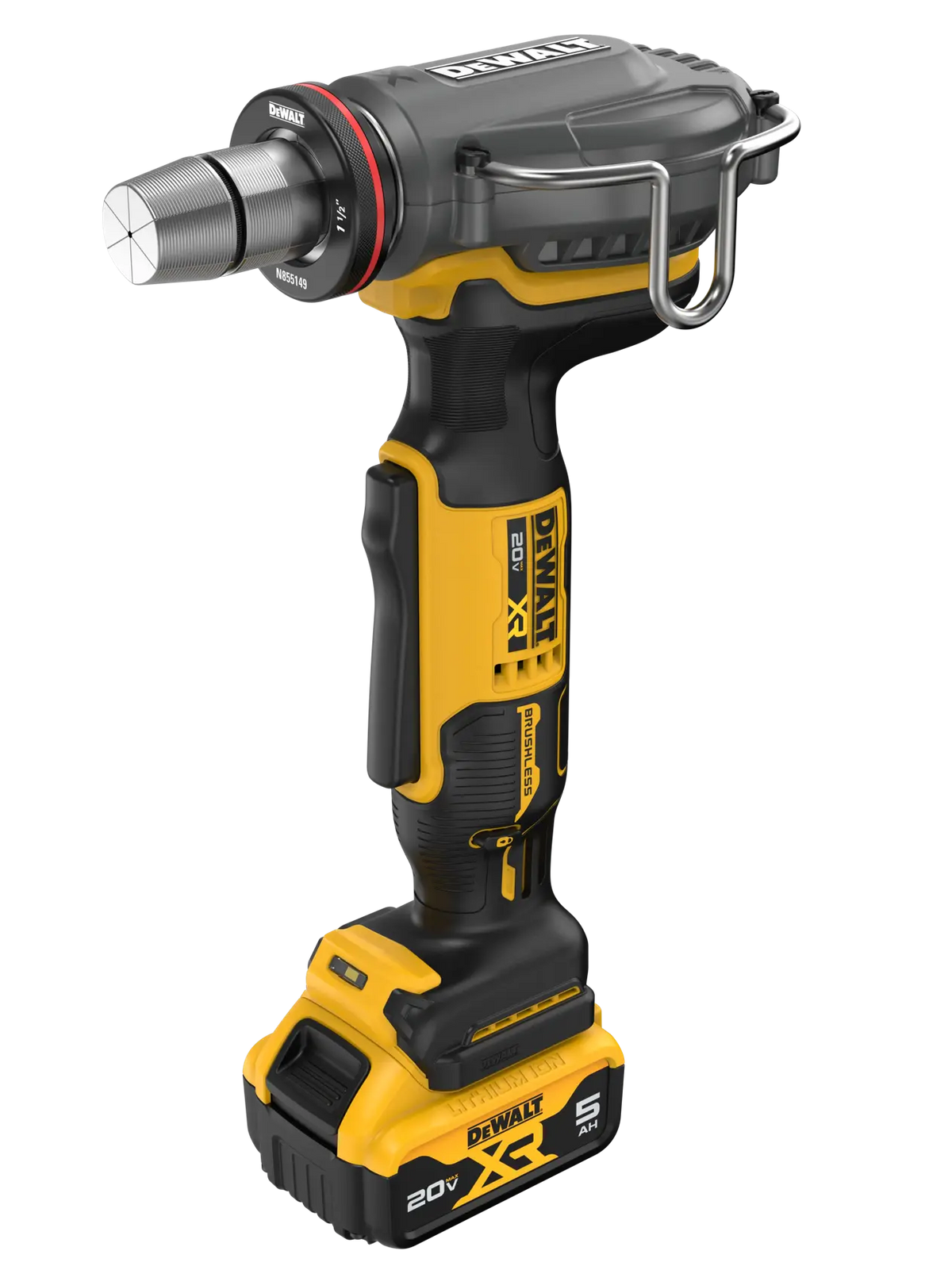 Side angled view of the DEWALT 20V MAX XR PEX expander tool highlighting the automatic rotating expansion head and the integrated side-mounted hang hook.
