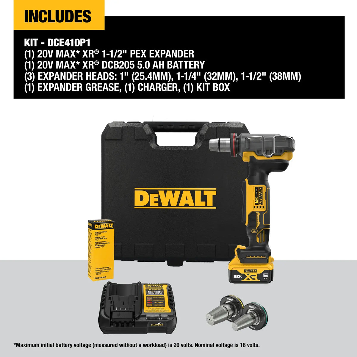 Complete DEWALT DCE410P1 kit contents including the 20V MAX XR PEX expander, 5.0Ah battery, charger, expander grease, three expansion heads, and a heavy-duty carrying case.
