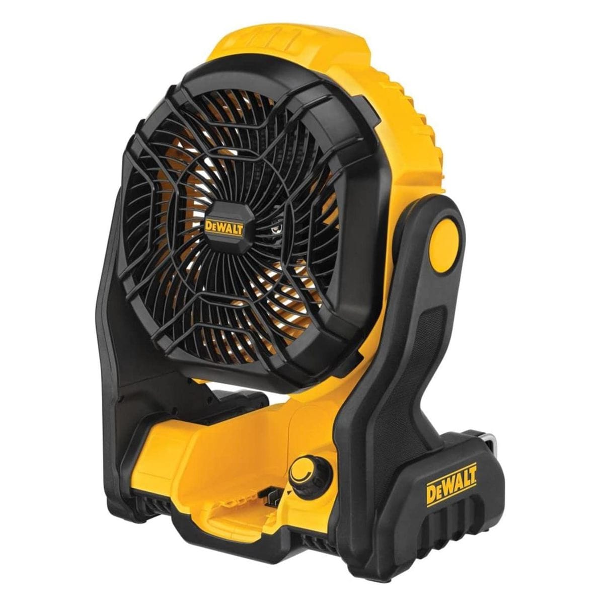 Image of DeWALT 20V MAX DCE512B Cordless Jobsite Fan, Tool Only, 20 V, 5 Ah, 650 cfm Air. The image shows a yellow and black Dewalt 20V MAX* jobsite fan. The fan has a black grill covering the blades and sits on a black and yellow base with the Dewalt logo.