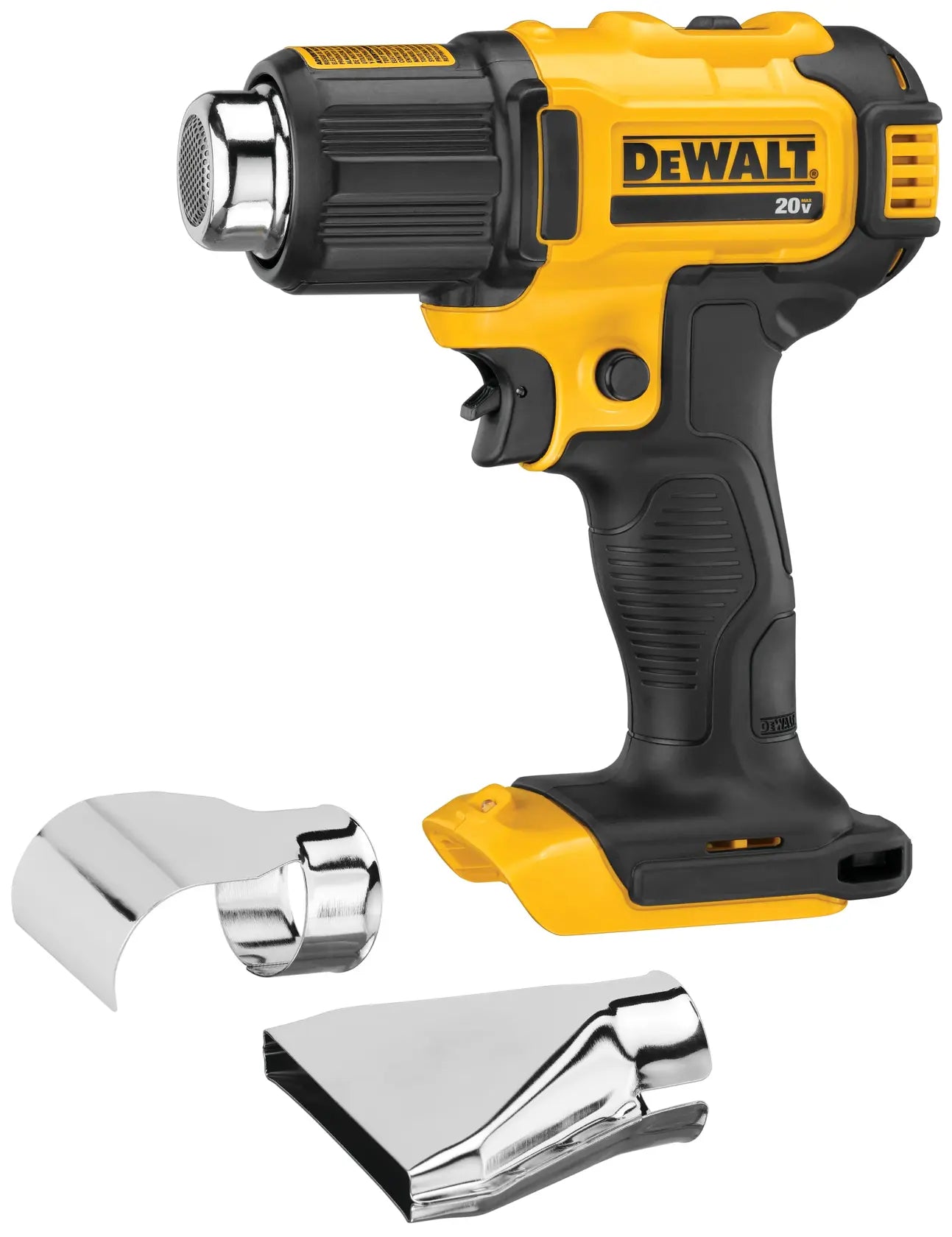 Full product view of the DEWALT 20V MAX handheld cordless heat gun featuring a black and yellow ergonomic design and two chrome nozzle attachments.