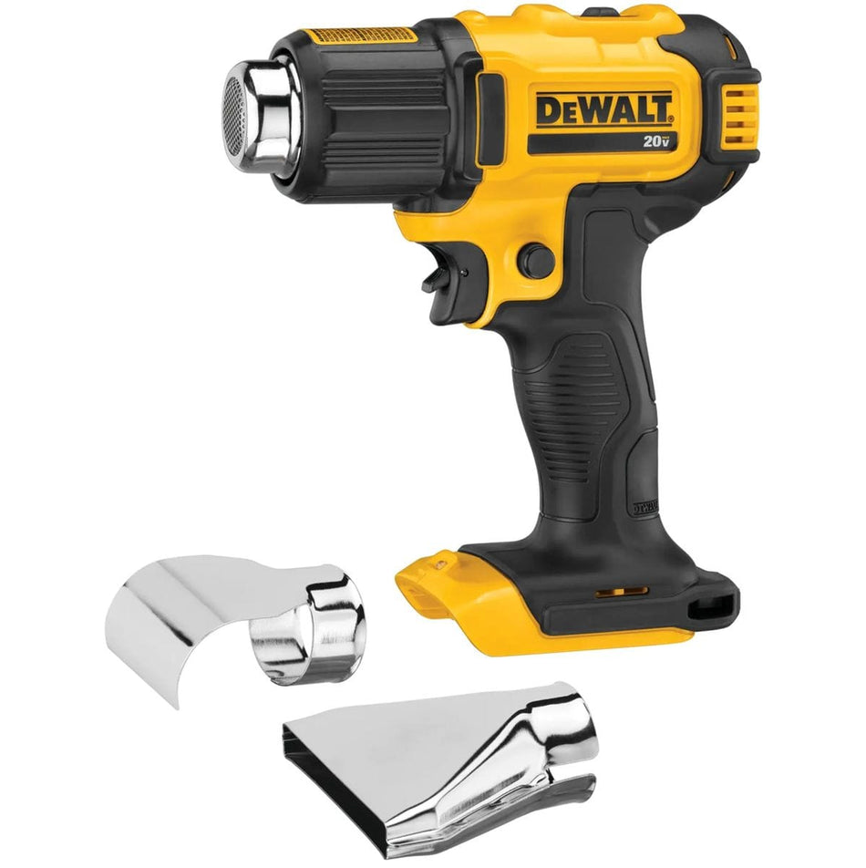 DEWALT DCE530B 20V MAX cordless heat gun bare tool shown with included flat nozzle and hook nozzle attachments for versatile hot air applications.