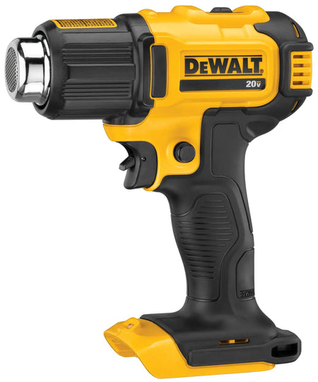 Side profile of the DEWALT DCE530 cordless heat gun highlighting the 20V MAX battery platform compatibility and compact portable frame.