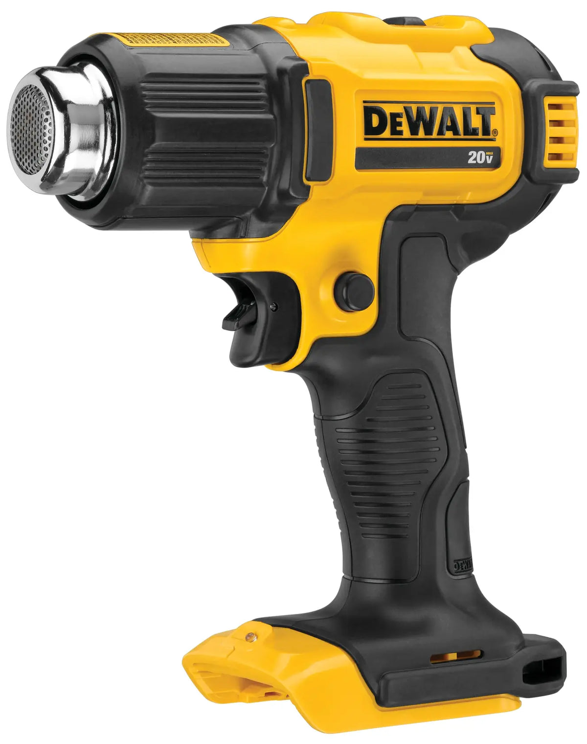 Close-up shot of the DEWALT cordless heat gun emphasizing the textured grip handle and accessible trigger for precision control during decal removal.