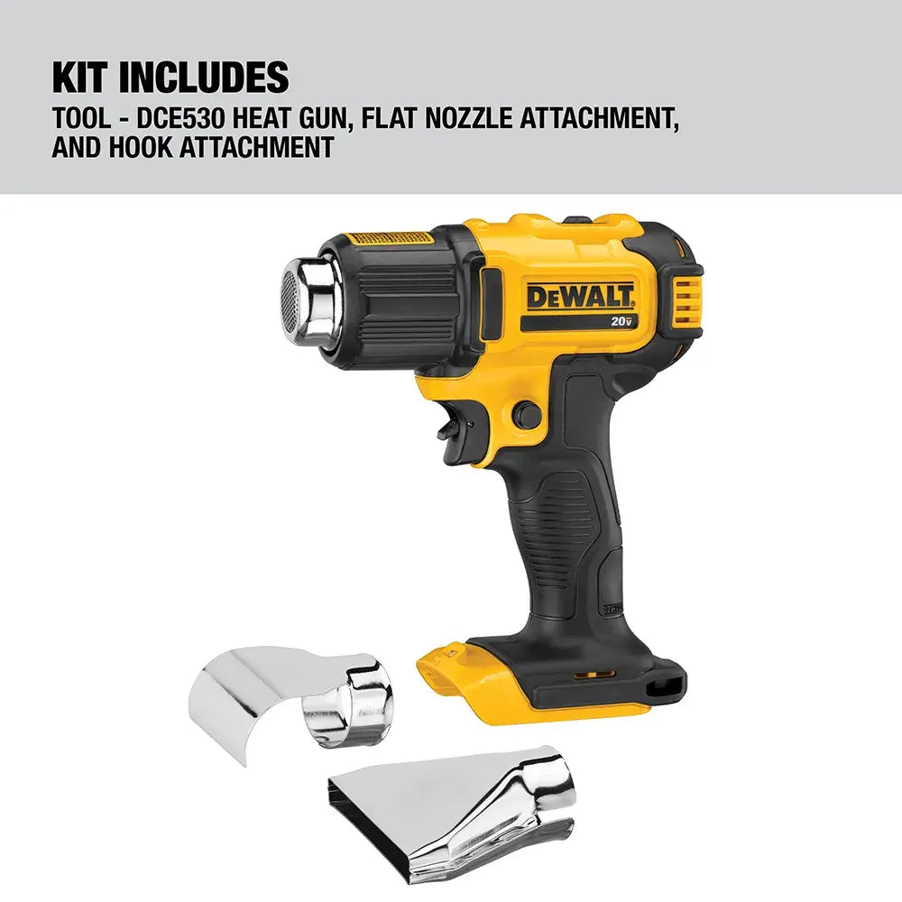 Kit includes graphic for the DEWALT DCE530 heat gun package which contains the bare tool, one flat nozzle attachment, and one hook nozzle attachment.