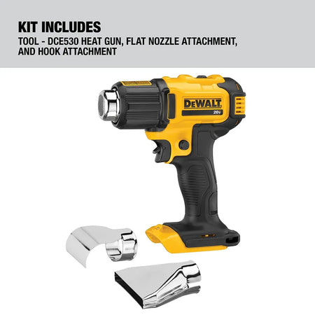 Kit includes graphic for the DEWALT DCE530 heat gun package which contains the bare tool, one flat nozzle attachment, and one hook nozzle attachment.