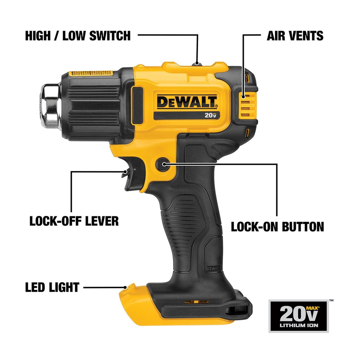 Feature diagram of the DEWALT 20V MAX heat gun labeling the high and low switch, air vents, lock-off lever, lock-on button, and integrated LED light.