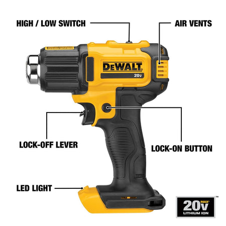 Feature diagram of the DEWALT 20V MAX heat gun labeling the high and low switch, air vents, lock-off lever, lock-on button, and integrated LED light.