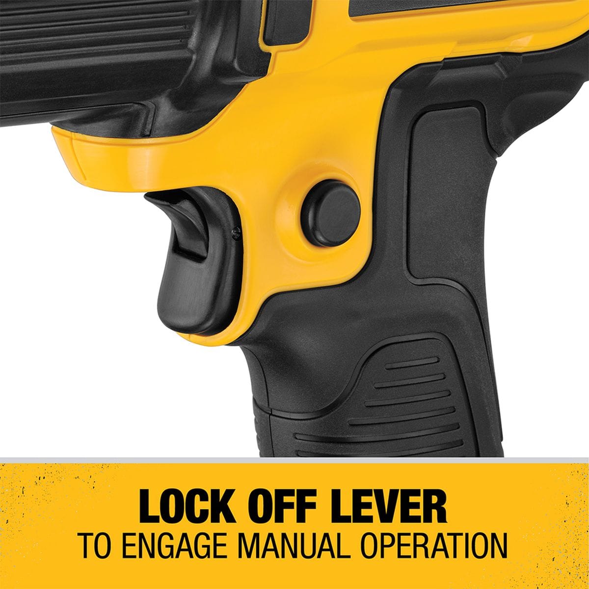 Detailed view of the DEWALT heat gun lock-off lever designed to engage manual operation for safe and controlled heating tasks.