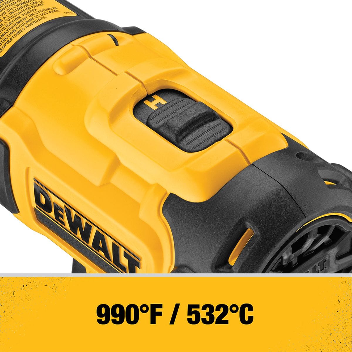 Close-up of the temperature settings on the DEWALT DCE530B cordless heat gun showing the high setting capable of reaching 990 degrees Fahrenheit.