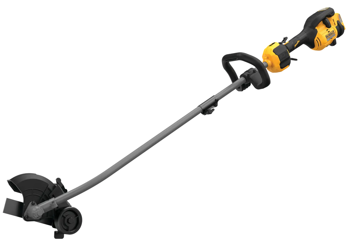 Angled full view of the DEWALT DCED472B 60V MAX brushless cordless attachment capable lawn edger bare tool, showing the adjustable guide wheel, protective blade guard, and ergonomic handle.
