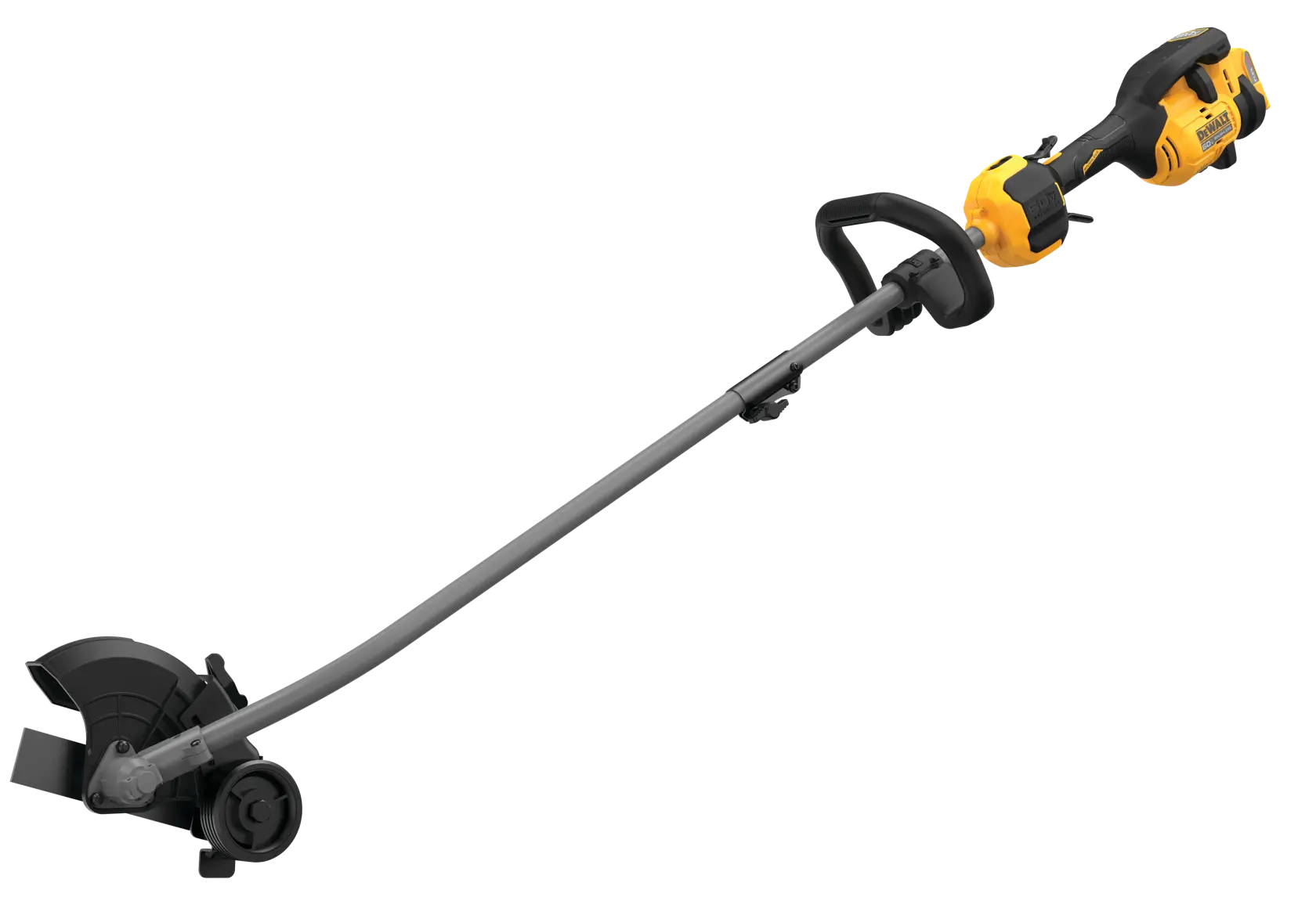 Angled full view of the DEWALT DCED472B 60V MAX brushless cordless attachment capable lawn edger bare tool, showing the adjustable guide wheel, protective blade guard, and ergonomic handle.