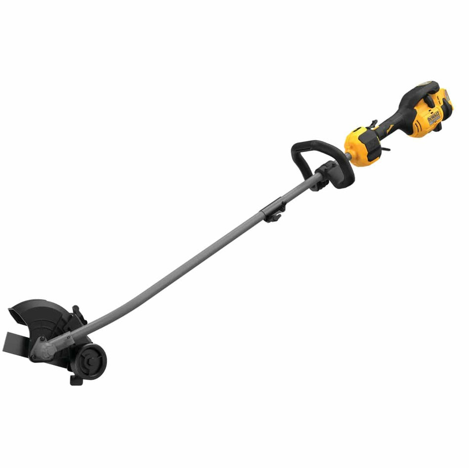 Angled full view of the DEWALT DCED472B 60V MAX brushless cordless attachment capable lawn edger bare tool, showing the adjustable guide wheel, protective blade guard, and ergonomic handle.