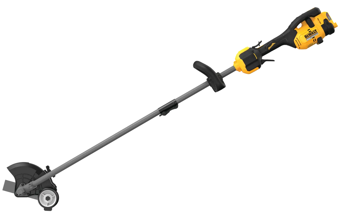 Side profile of the high-efficiency DEWALT 60V MAX 7.5-inch cordless lawn edger, highlighting the straight shaft and universal attachment capable powerhead designed for commercial landscaping.