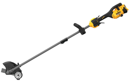 Side profile of the high-efficiency DEWALT 60V MAX 7.5-inch cordless lawn edger, highlighting the straight shaft and universal attachment capable powerhead designed for commercial landscaping.