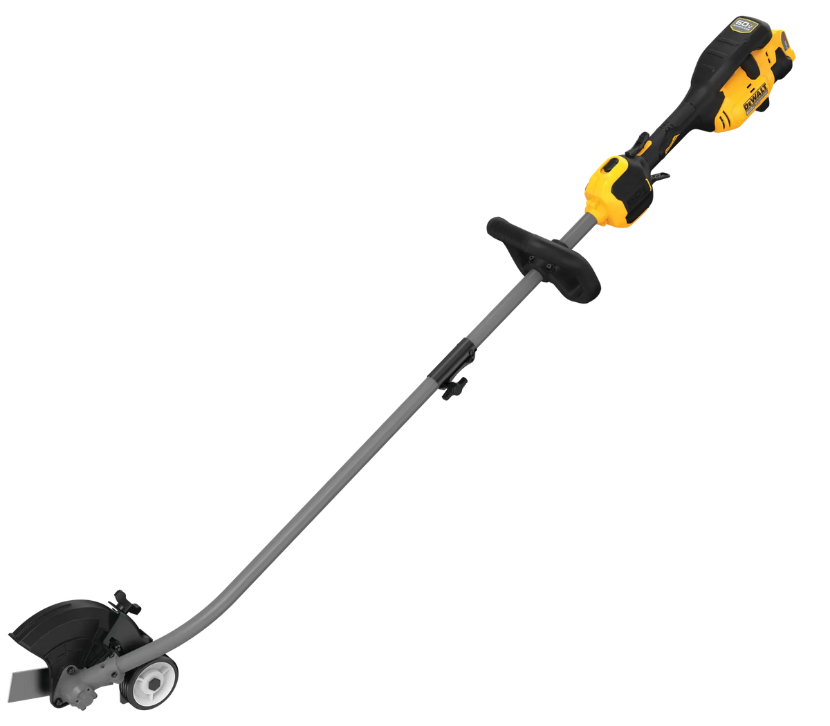 Top-down angled view of the DEWALT DCED472B brushless weed edge tool featuring an adjustable auxiliary handle and a large guide wheel for smooth mobility on concrete surfaces.