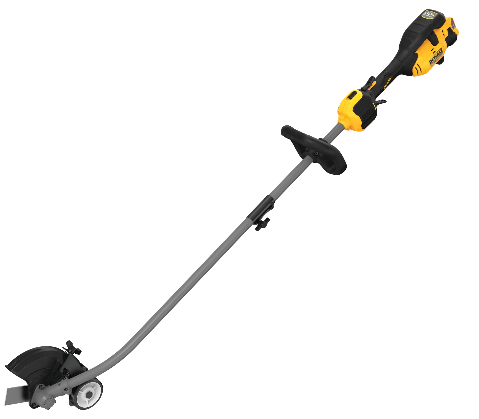 Top-down angled view of the DEWALT DCED472B brushless weed edge tool featuring an adjustable auxiliary handle and a large guide wheel for smooth mobility on concrete surfaces.