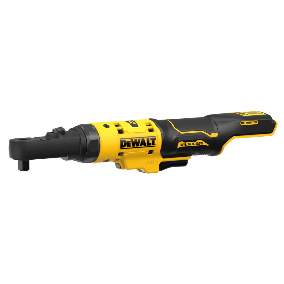 Angled profile view of the DEWALT DCF500B XTREME 12V MAX brushless cordless sealed head ratchet bare tool, showcasing the slim design and interchangeable anvil system for automotive repair.