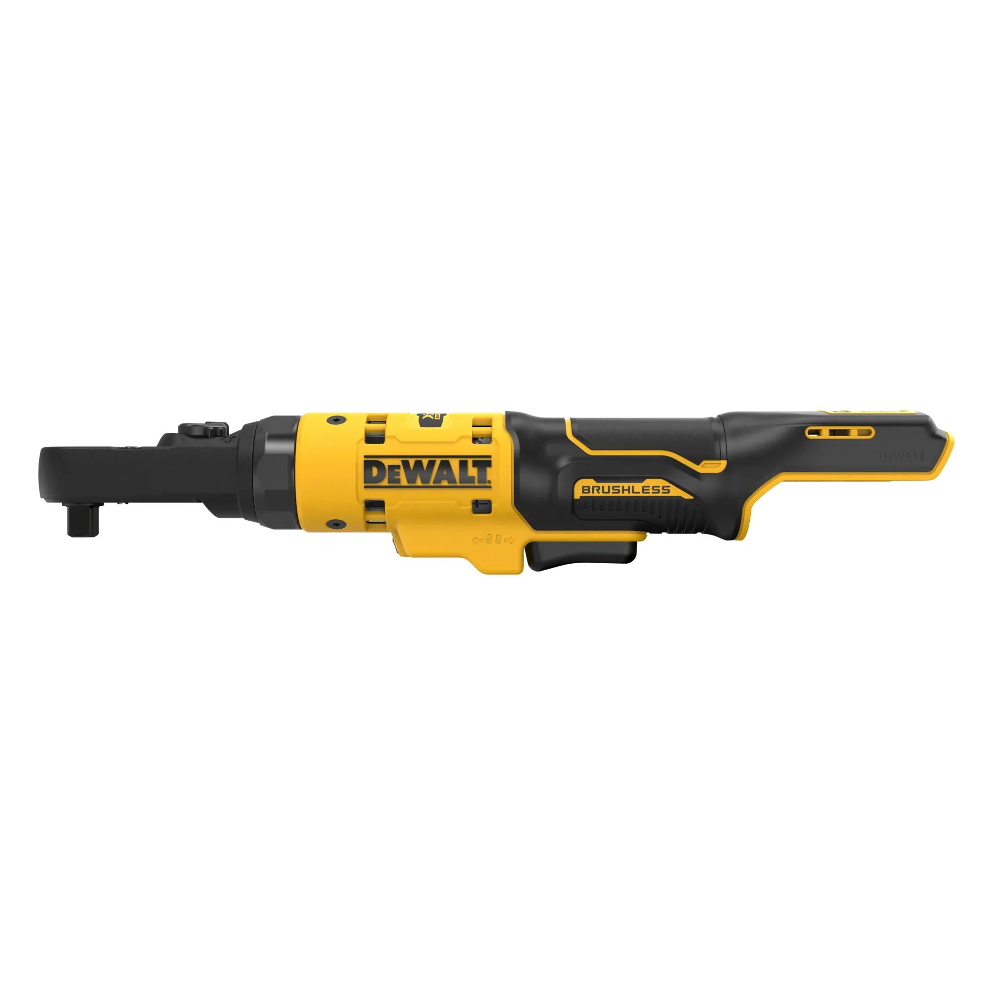 Side view of the DEWALT 12V MAX brushless sealed head ratchet highlighting the ergonomic glass-filled nylon housing and variable speed trigger for precise fastening control.