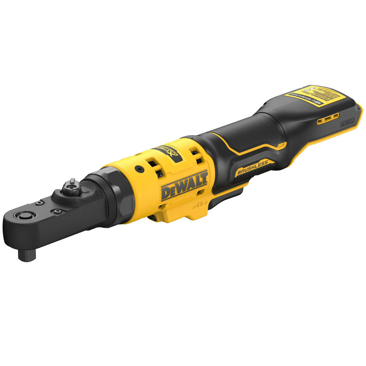 Top-down angled view of the DEWALT XTREME cordless ratchet, displaying the forward and reverse switch and the high-visibility yellow and black professional housing.