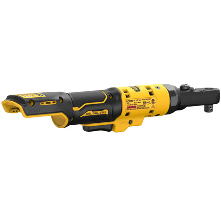 Rear angled view of the DEWALT 12V MAX brushless ratchet bare tool emphasizing the sub-compact form factor for accessing tight engine compartments and restricted spaces.