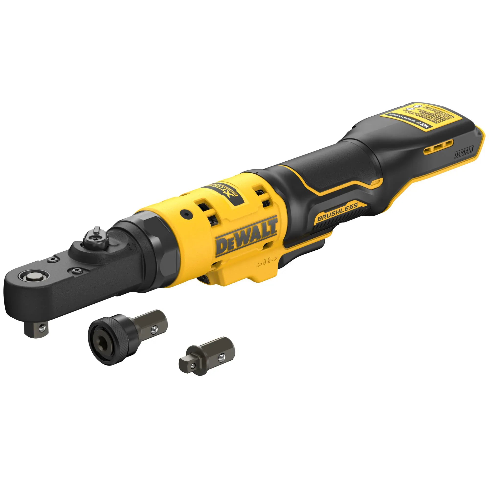 Product kit shot of the DEWALT sealed head ratchet shown with its interchangeable 3/8-inch square, 1/4-inch square, and 1/4-inch hex anvils for maximum jobsite versatility.