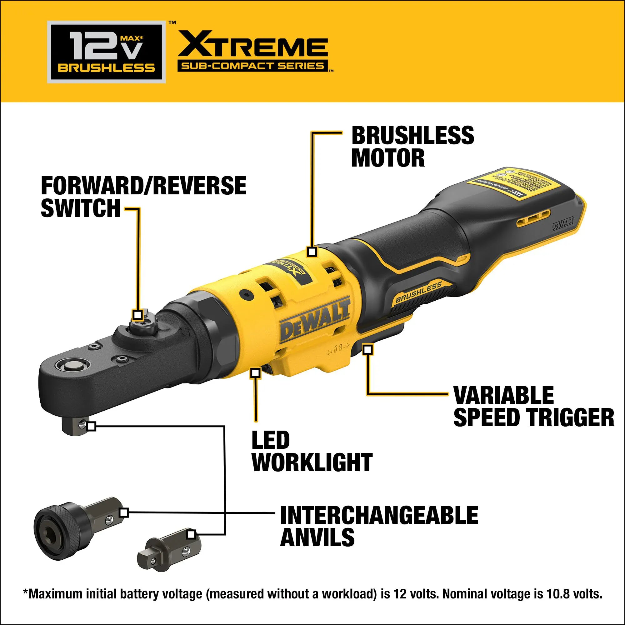 Feature infographic of the DEWALT DCF500B ratchet pointing out the brushless motor, interchangeable anvils, LED worklight, variable speed trigger, and forward/reverse switch.