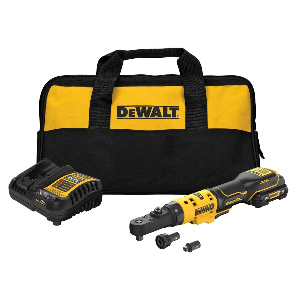 Complete DEWALT DCF500GG1 12V MAX XTREME brushless cordless sealed head ratchet kit including the power ratchet tool, 3.0Ah oil-resistant battery, charger, interchangeable 1/4 inch and 3/8 inch square drive anvils, a 1/4 inch hex quick-change anvil, and a yellow and black heavy-duty kit bag.