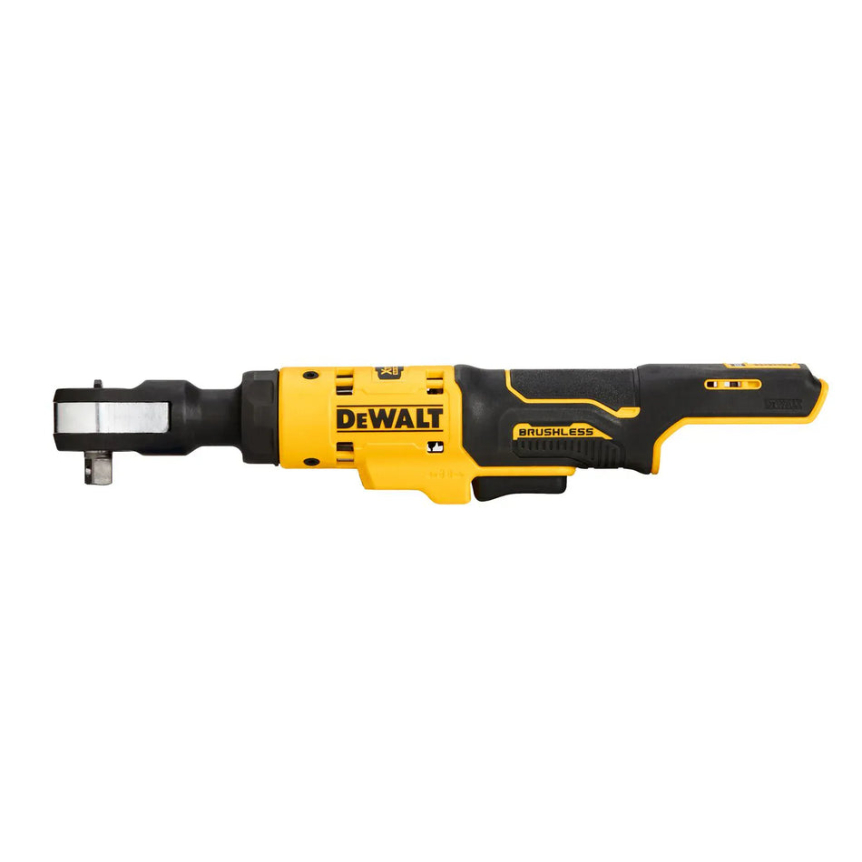 Side profile of the DEWALT DCF503B XTREME 12V MAX brushless cordless 3/8-inch ratchet bare tool, showcasing its slim, lightweight design and 3/8-inch square drive for automotive repair.