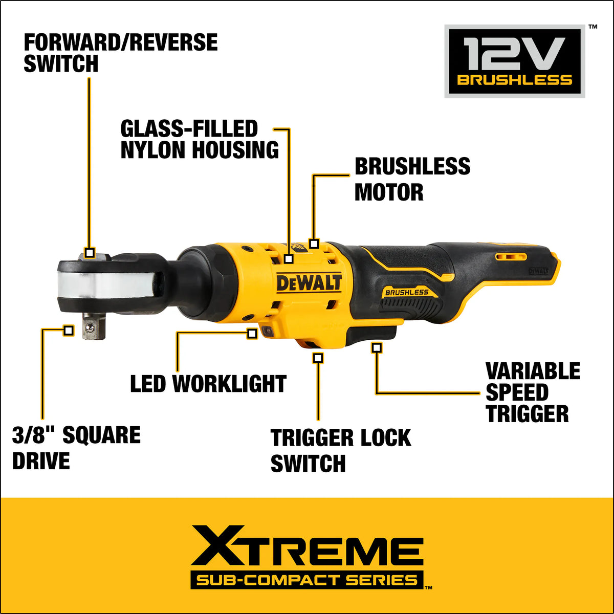 Infographic of the DEWALT XTREME 12V MAX 3/8-inch cordless ratchet highlighting professional features including the brushless motor, variable speed trigger, LED worklight, and oil-resistant housing.