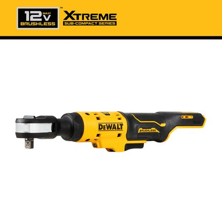 Angled side view of the DEWALT 12V MAX brushless 3/8-inch ratchet, displaying the durable black and yellow housing built for high-torque fastening in tight engine compartments.