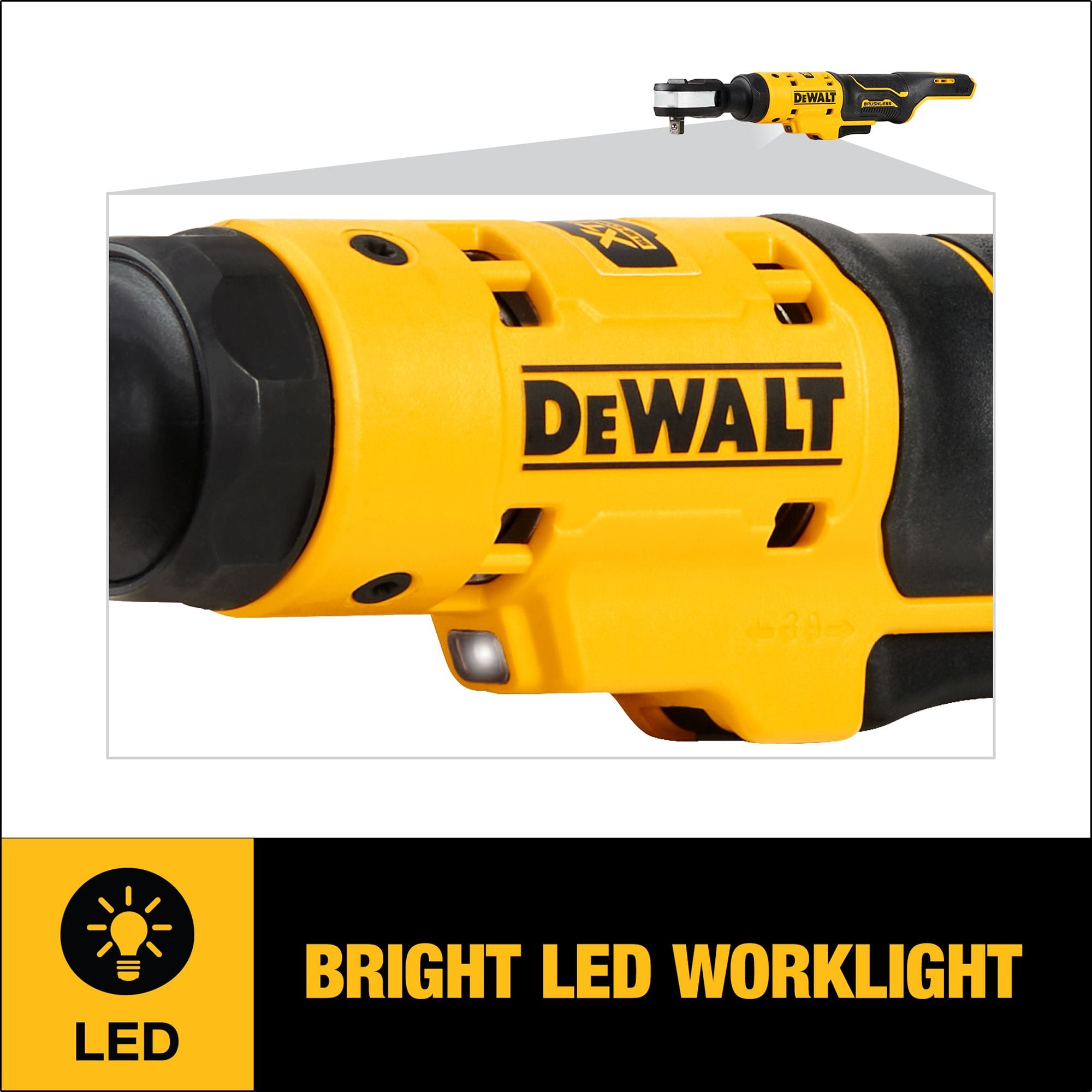 Close-up of the bright LED worklight on the head of the DEWALT XTREME 12V MAX ratchet, designed to illuminate dark and cramped mechanical workspaces.