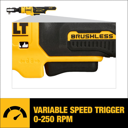 Detail view of the variable speed trigger on the DEWALT 3/8-inch cordless ratchet, illustrating the precision control range from 0 to 250 RPM for delicate automotive fastening.