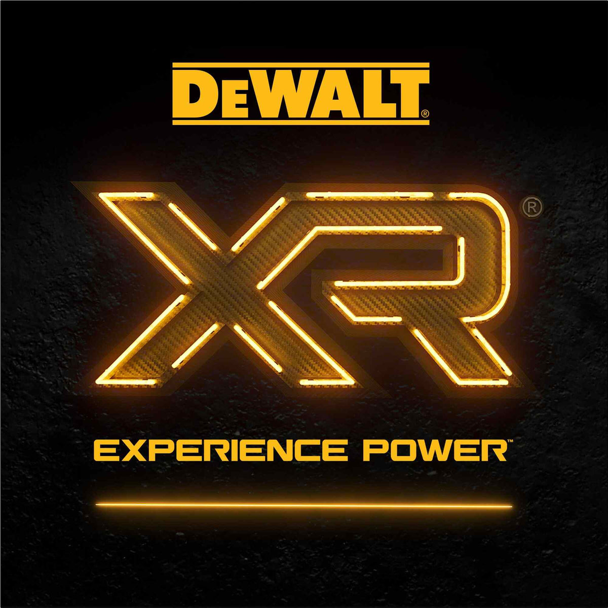 DEWALT XR branding graphic with the text Experience Power set against a dark textured background with a glowing yellow neon effect.