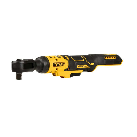 Angled top view of the DEWALT DCF512B ATOMIC 20V MAX brushless cordless 1/2-inch ratchet bare tool, displaying its low-profile head and ergonomic grip built for heavy-duty mechanic work.