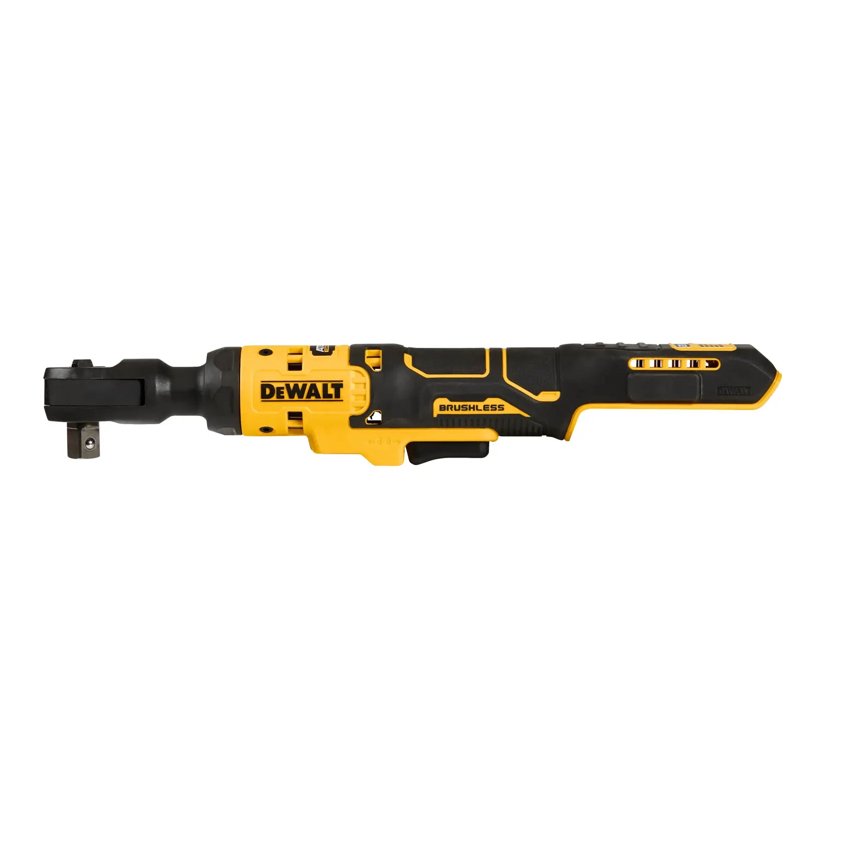 Side profile of the DEWALT DCF512B ATOMIC 20V MAX brushless cordless 1/2-inch ratchet bare tool, showcasing its slim and compact design engineered for tight engine repair.
