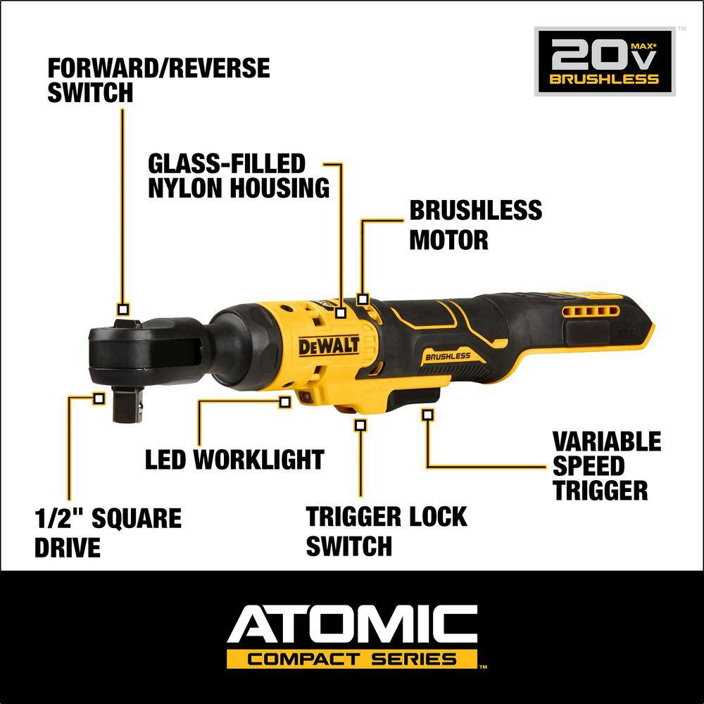 Detailed infographic of the DEWALT ATOMIC 20V MAX 1/2-inch cordless ratchet highlighting key automotive mechanic features including the brushless motor, variable speed trigger, and oil-resistant glass-filled nylon housing.