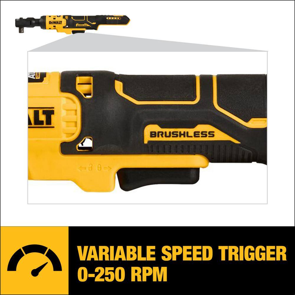 Close-up view of the variable speed trigger on the DEWALT DCF512B cordless 1/2-inch ratchet, which delivers 0 to 250 RPM for precision fastening during automotive repairs.