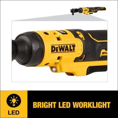 Close-up view of the bright LED worklight integrated into the DEWALT ATOMIC 20V MAX cordless ratchet, specifically designed to illuminate dark undercarriages and tight engine bays.