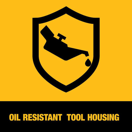Informational graphic emphasizing the oil-resistant tool housing of the DEWALT DCF512B high torque 1/2-inch cordless ratchet, which protects the tool from harsh automotive chemicals.