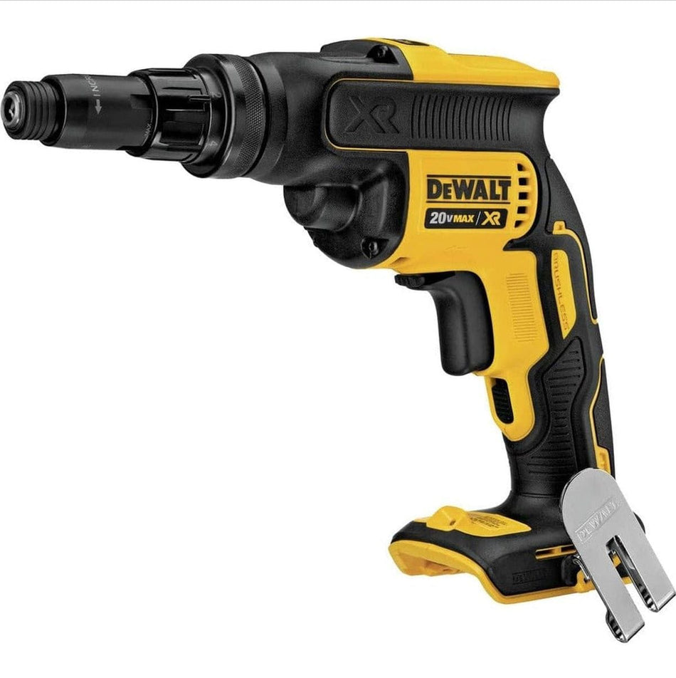 DEWALT DCF622B 20V MAX XR brushless cordless screwgun in signature yellow and black, featuring the Versa-Clutch adjustable torque system and a heavy-duty metal belt hook for professional metal fastening.