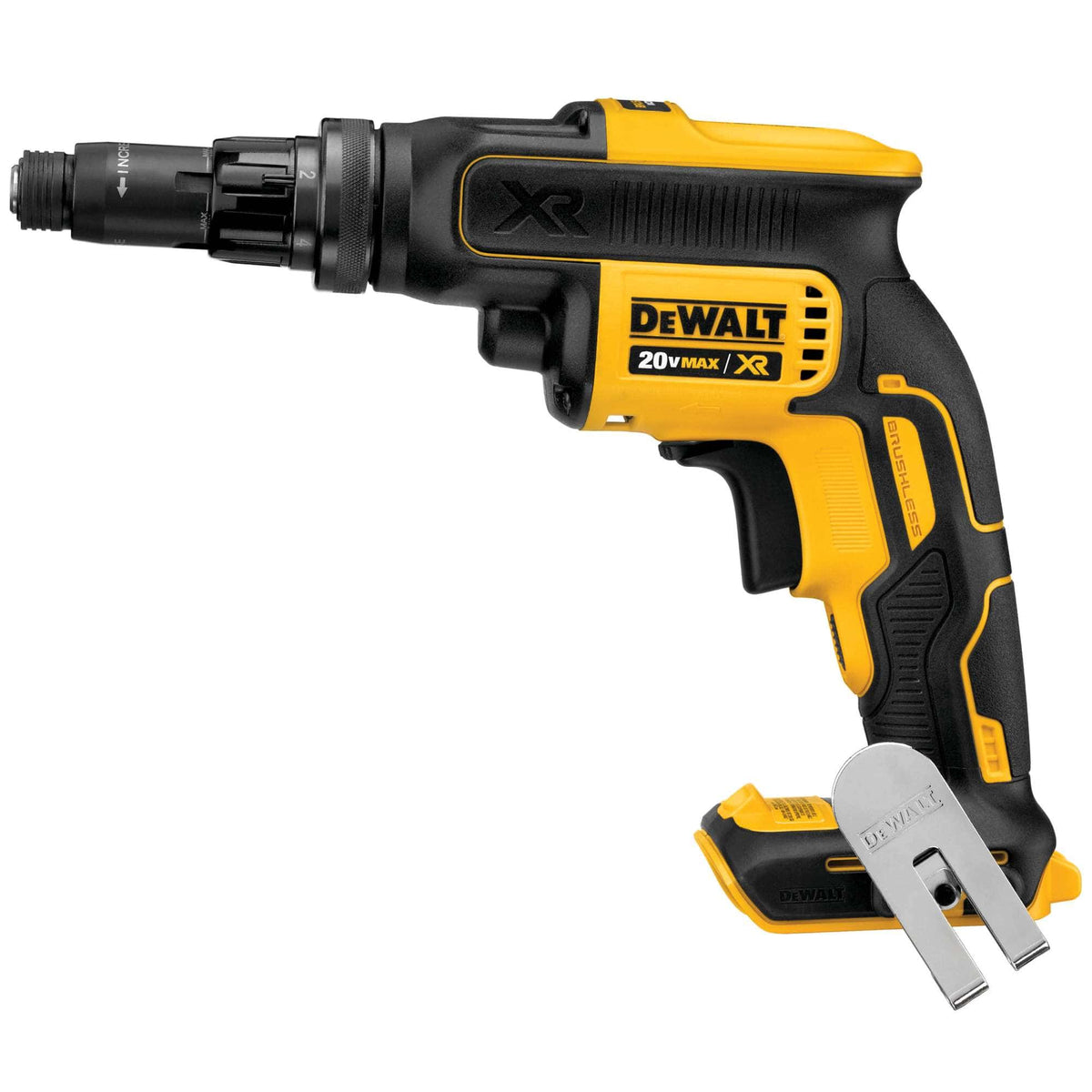 Side profile of the DEWALT 20V MAX XR brushless screwgun highlighting the ergonomic grip, adjustable torque collar, and the compact design of this bare tool power screwgun.