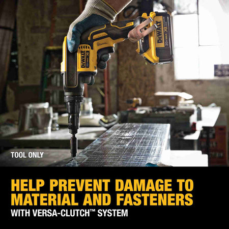 Professional contractor using the DEWALT 20V MAX XR brushless screwgun to drive a fastener into a metal sheet, showcasing the Versa-Clutch system's ability to prevent material and fastener damage.