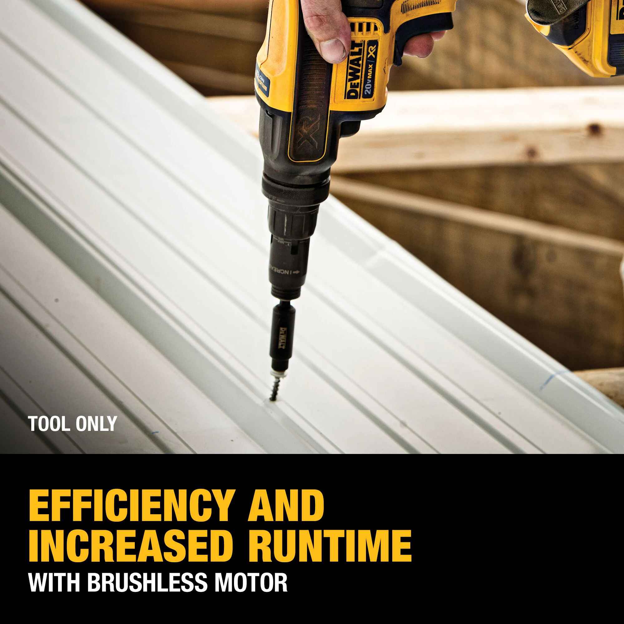 Close-up action shot of the DEWALT brushless cordless screwgun being used on a metal roofing application, emphasizing the increased runtime and efficiency of the brushless motor technology.
