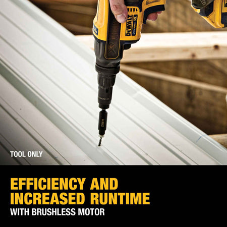 Close-up action shot of the DEWALT brushless cordless screwgun being used on a metal roofing application, emphasizing the increased runtime and efficiency of the brushless motor technology.