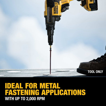 DEWALT DCF622B screwgun performing a high-torque metal fastening application at 2,000 RPM, demonstrating its ideal suitability for industrial and construction steel-to-steel assembly.