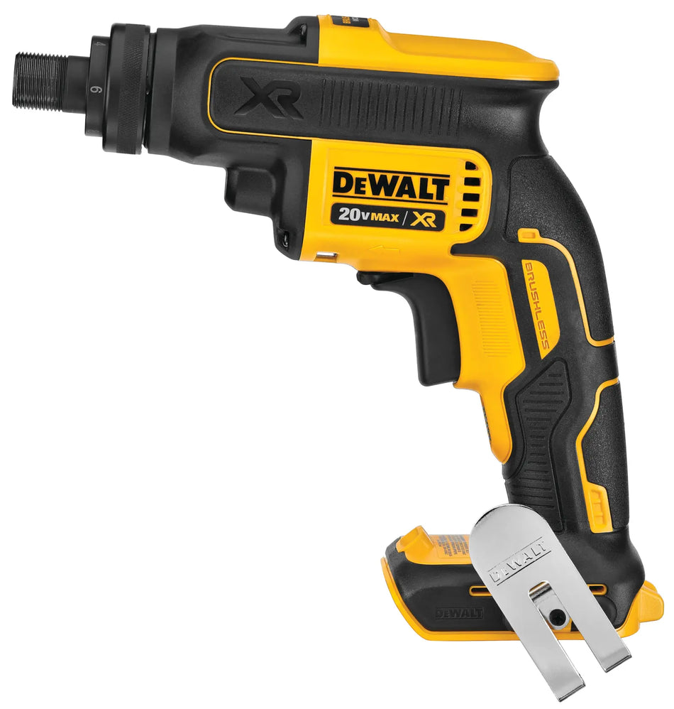 Full side profile of the DEWALT DCF624B 20V MAX XR brushless screwgun featuring a threaded clutch housing and attached silver belt hook for heavy duty metal fastening.