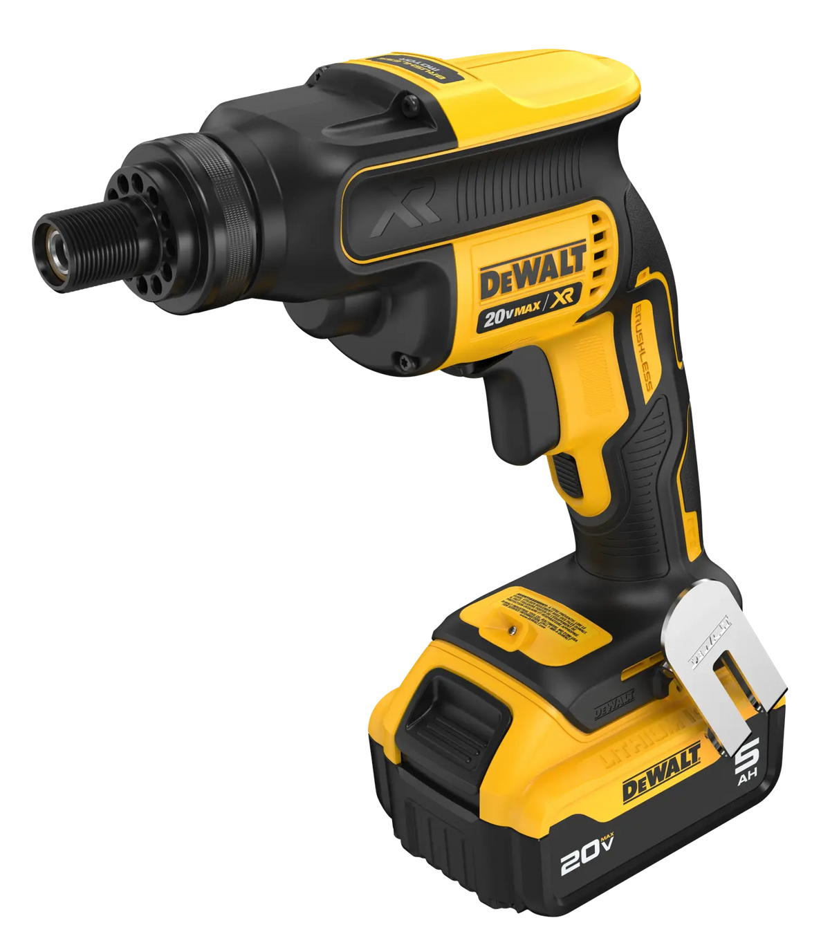 The DEWALT DCF624B brushless screwgun shown with an attached 20V MAX 5Ah Lithium Ion battery highlighting the ergonomic balanced grip and 2000 RPM power capabilities.