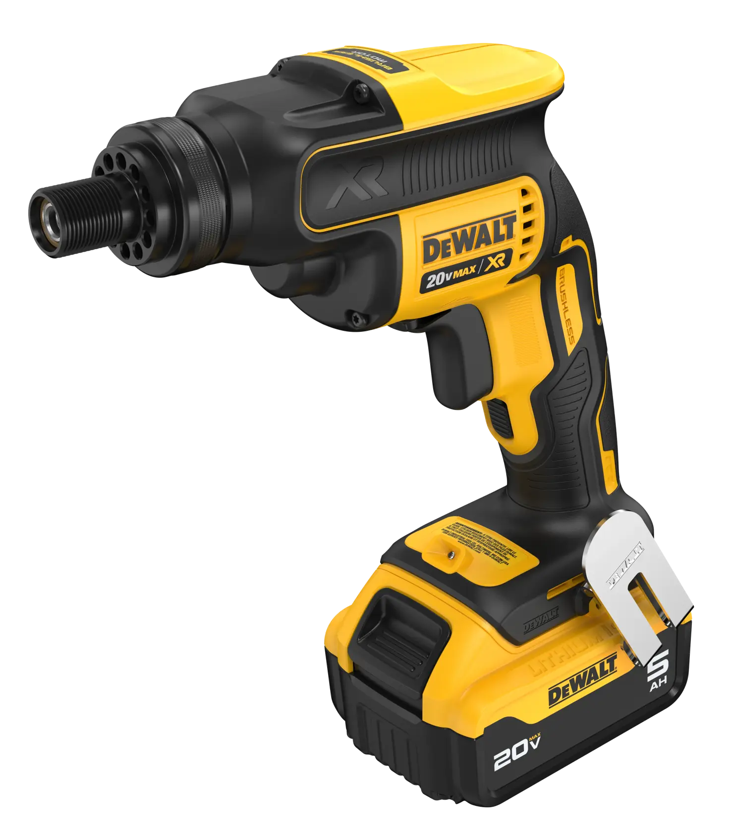 The DEWALT DCF624B brushless screwgun shown with an attached 20V MAX 5Ah Lithium Ion battery highlighting the ergonomic balanced grip and 2000 RPM power capabilities.