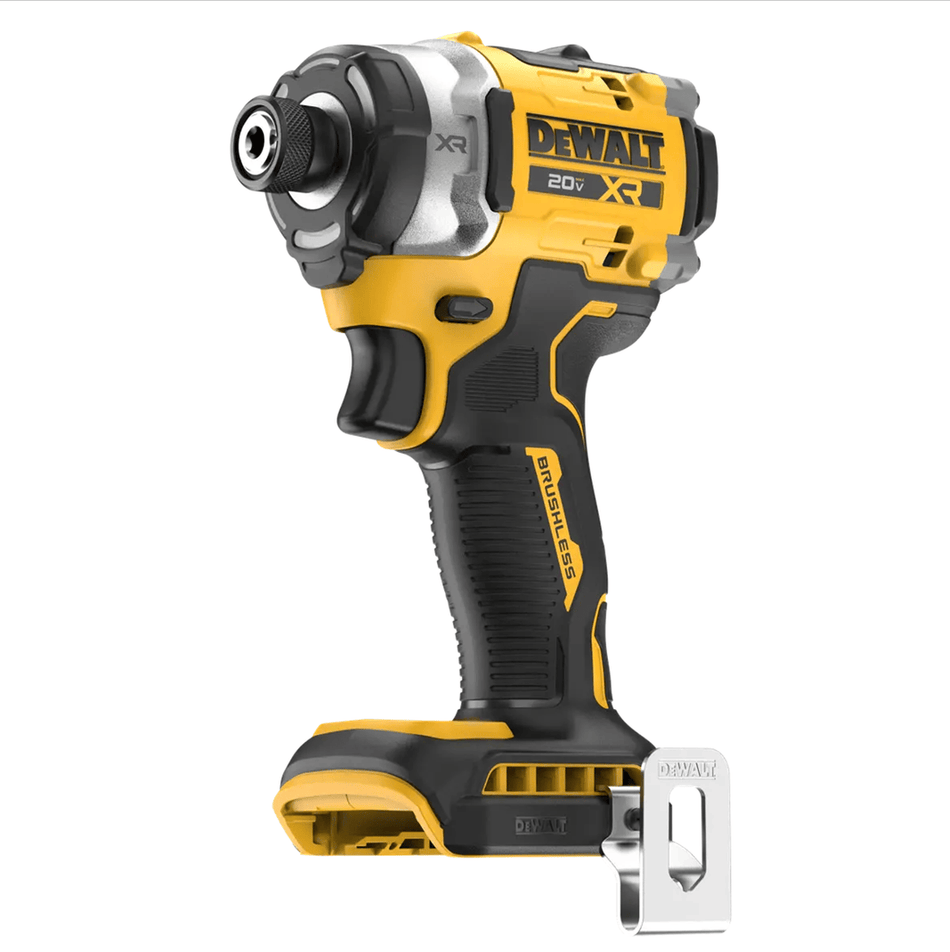 A perspective studio shot of the DEWALT DCF860B 20V MAX XR brushless 1/4-inch high-torque impact driver bare tool against a white background, displaying its compact yellow and black housing, silver cast metal gear case, texturized rubber handle grip, variable-speed trigger, and attached steel belt hook.