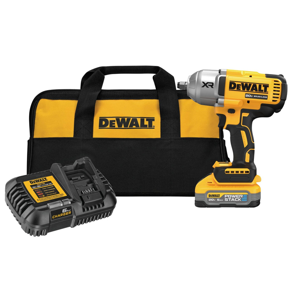 The DEWALT DCF900H1 High Torque Impact Wrench Kit displayed with the cordless 1/2 inch impact wrench, a DCBP520 POWERSTACK 5.0 Ah battery, a fast charger, and a black and yellow DEWALT contractor tool bag.